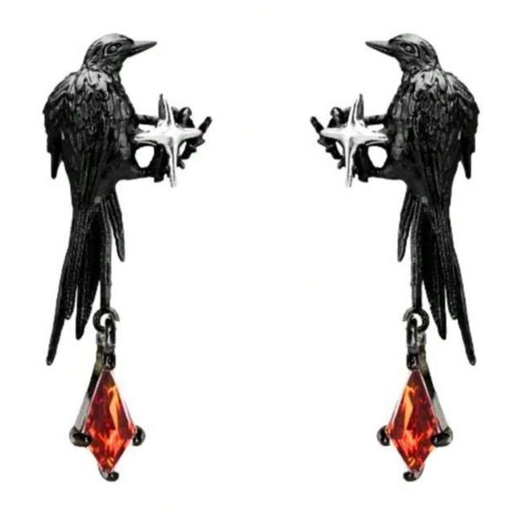 “Raven” Edgar Poe Perched Crow Bird Star Blood Droplet Macabre Gothic Grim Studs - Picture 1 of 16